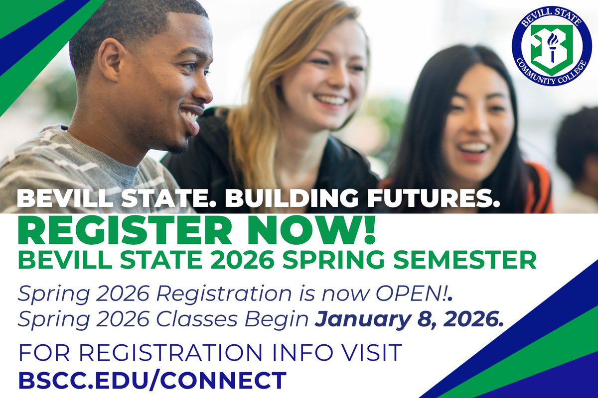 bevillstate's tweet photo. 📣 It’s time to register for Bevill State’s 2026 Spring Semester! 

🎓 Spring Classes Begin Jan. 8, 2026
📝 Register: https://t.co/uuURa2hDyk
📅 Advising: https://t.co/hoNaU6i6f5
💳 Payment Plans: https://t.co/lJrqtPmMHj

#BevillState #BuildingFutures #SpringRegistration https://t.co/ldUprScygE