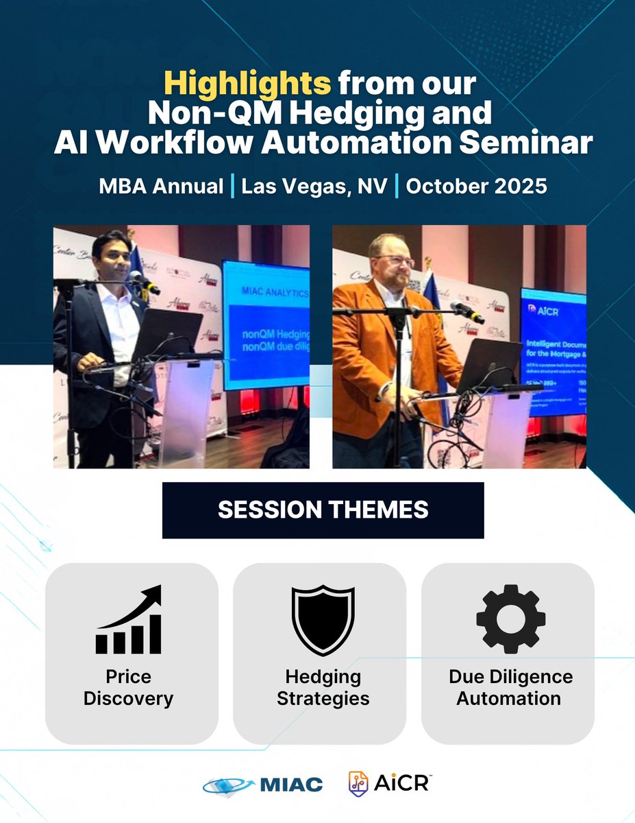 MIACAnalytics's tweet image. Non-QM Hedging. AI Workflow Automation. Two topics that shaped this year’s conversations in Las Vegas.

Thank you to everyone who joined MIAC and AiCR during the MBA Annual 2025!

#MIACAnalytics #AiCR #MBAAnnual25 #NonQM #Hedging

Disclosures: okt.to/YrQp5K