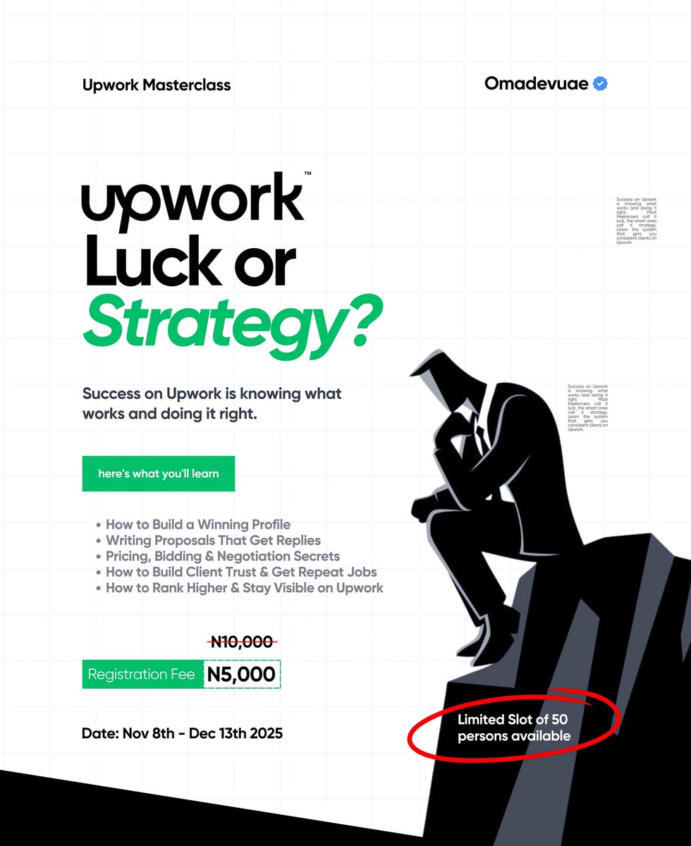 delveroin's tweet image. Most people think freelancers on Upwork just “got lucky.”
Truth is there’s nothing lucky about it.

It’s about having a clear strategy:
✅ A profile that attracts clients
✅ Proposals that get replies
✅ Pricing that positions you as valuable
✅ Systems that bring repeat jobs…