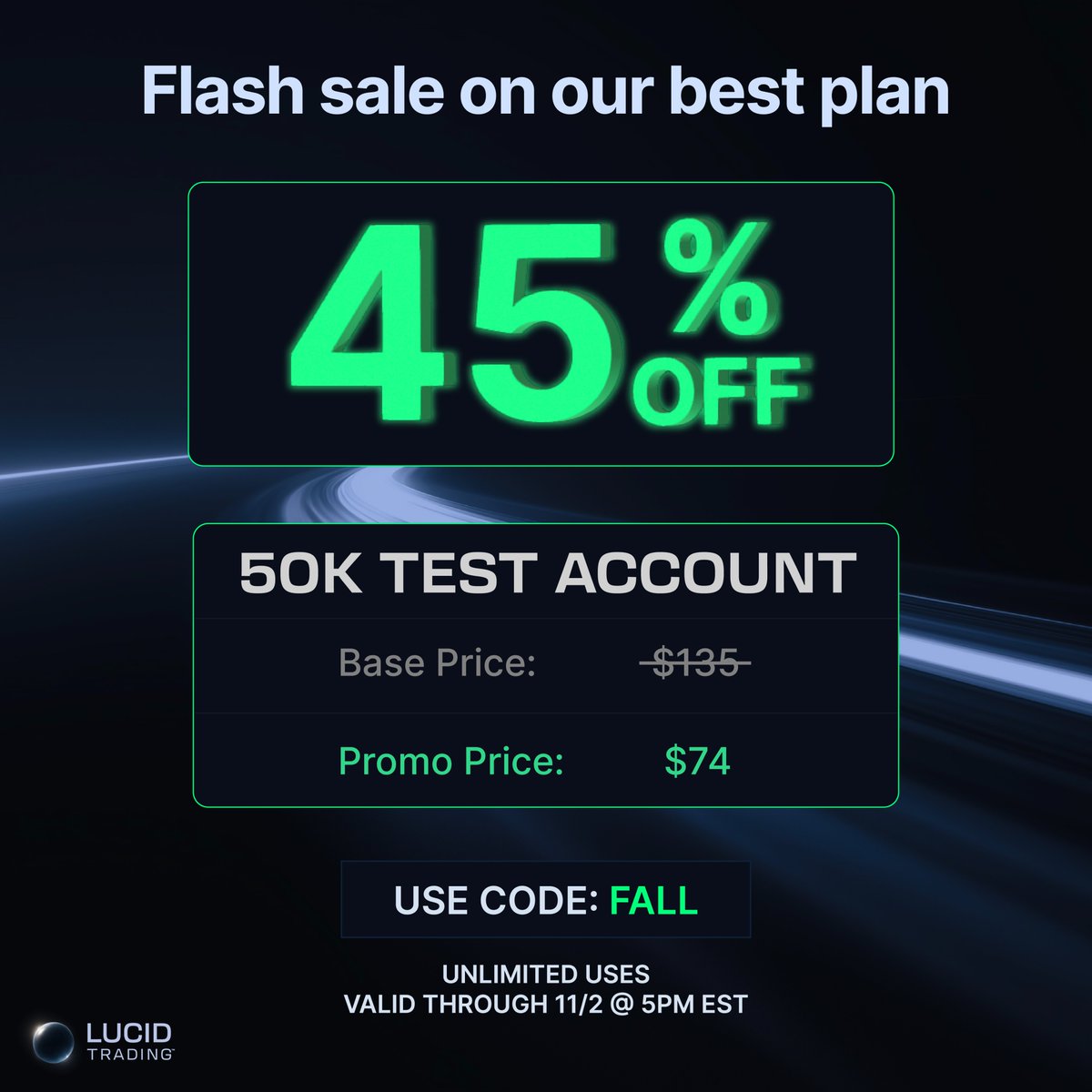 TradingLucid's tweet image. Take 45% off our best-selling plan: the LucidTest 50K. 

We even did the math for you on this graphic.

Also resets on all LucidTest accounts are 20% off.

Use code FALL through 11/2 at 5PM EST.