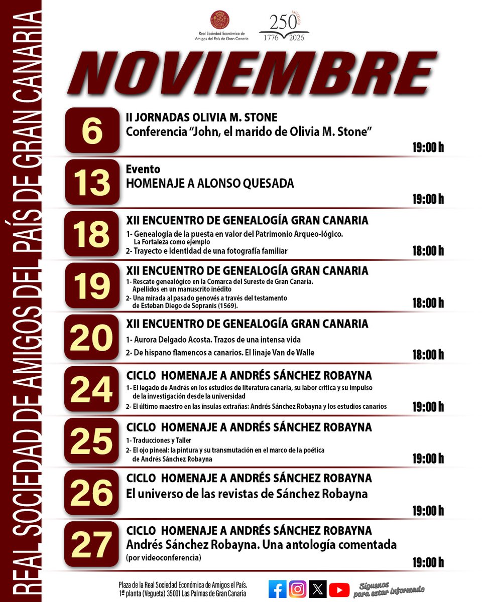 ¡Tu presencia es clave para seguir escribiendo nuestra historia!
Más información en rseapgc.org
#rseapgc #RSEAPGC250años #250Aniversario #RealSociedadEconomica #GranCanaria #laspalmasdegrancanaria #SEPTIEMBRE #Conferencias