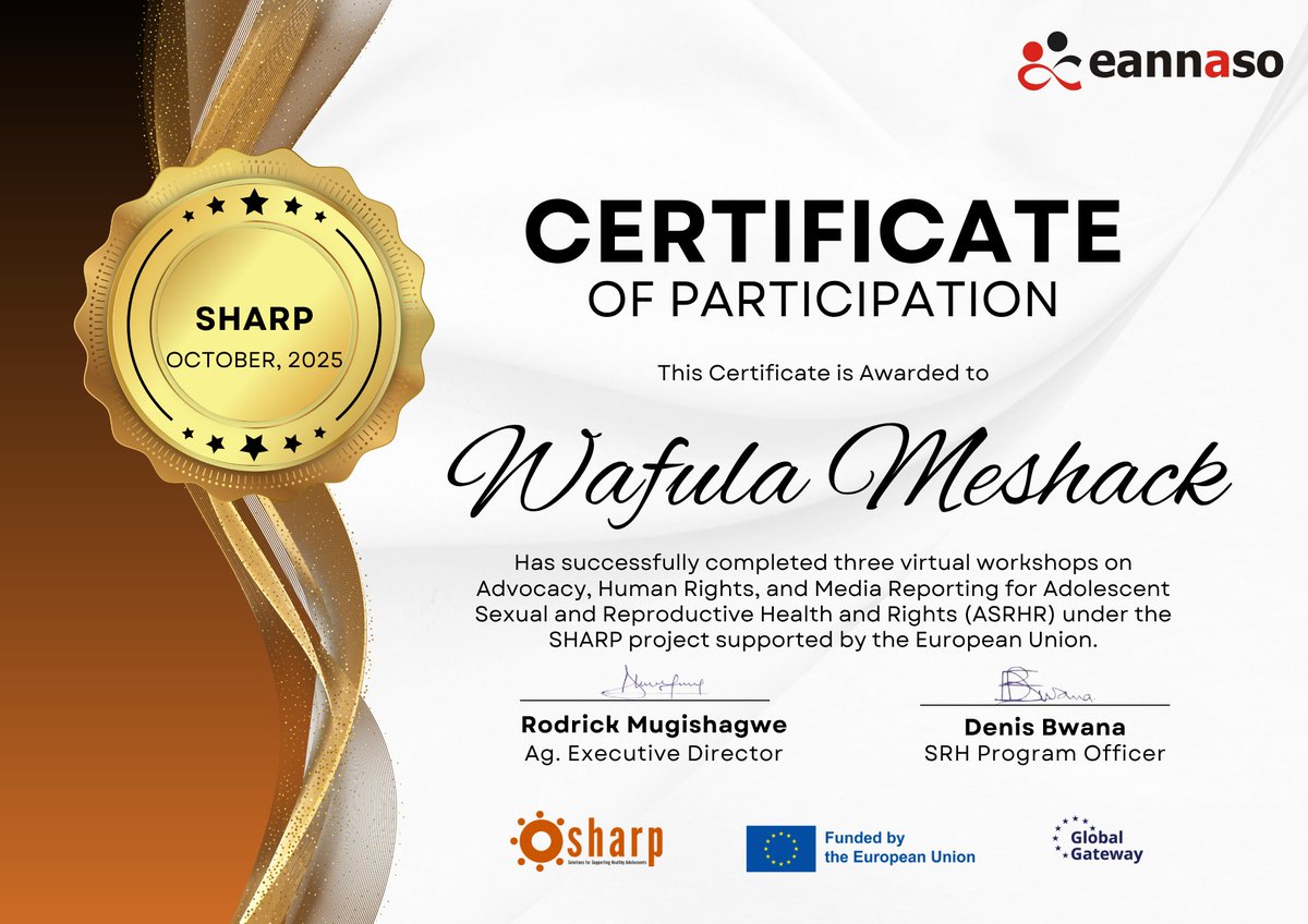 Meshack5Wafula's tweet photo. I’m excited to share that I’ve completed a training on Advocacy, Human Rights, and Media Reporting for Adolescent Sexual and Reproductive Health and Rights (ASRHR) under the SHARP Project, proudly supported by the European Union. https://t.co/7zffdQXsh1