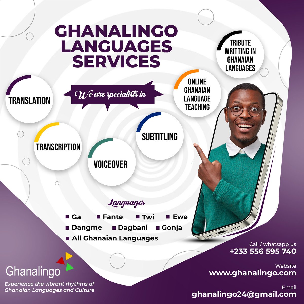 I am into Ghanaian language business. I have a reputable firm (Ghanalingo.com) that deals in everything Ghanaian Languages;

Online Ghanaian language teaching 
Translation 
Interpretation 
Subtitling
Transcription
Tribute writing in Ghanaian languages.

Just DM.