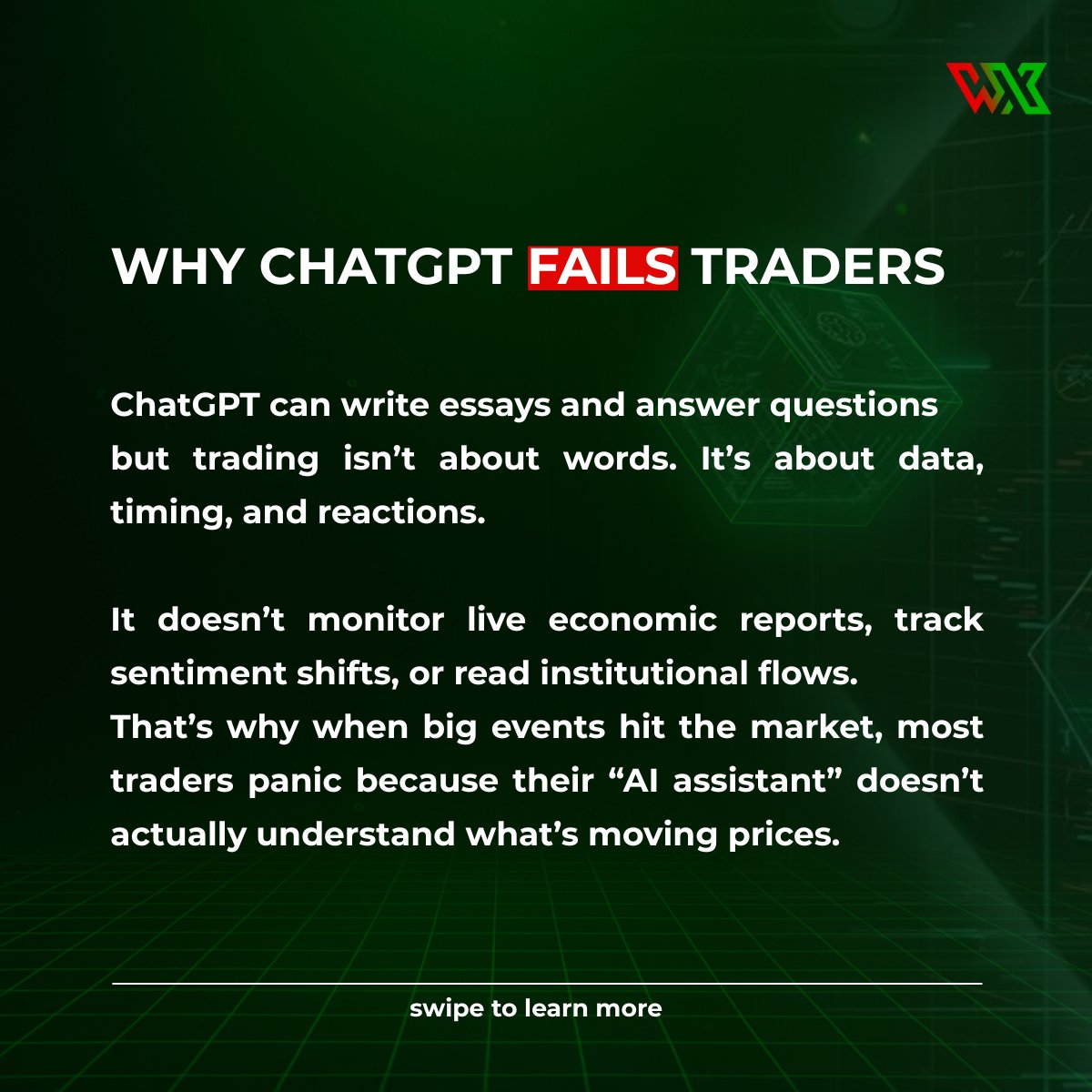 WelixFintech's tweet photo. Everyone’s asking ChatGPT for trading strategies.
Everyone’s blowing up their accounts.
Trading isn’t Q&amp;A.
It’s data, timing, and reactions.

Welix AI actually tracks what’s moving the market.
Trade smarter. Stop guessing.

#AItrading #WelixAI #Trading https://t.co/KynmtVc5MX