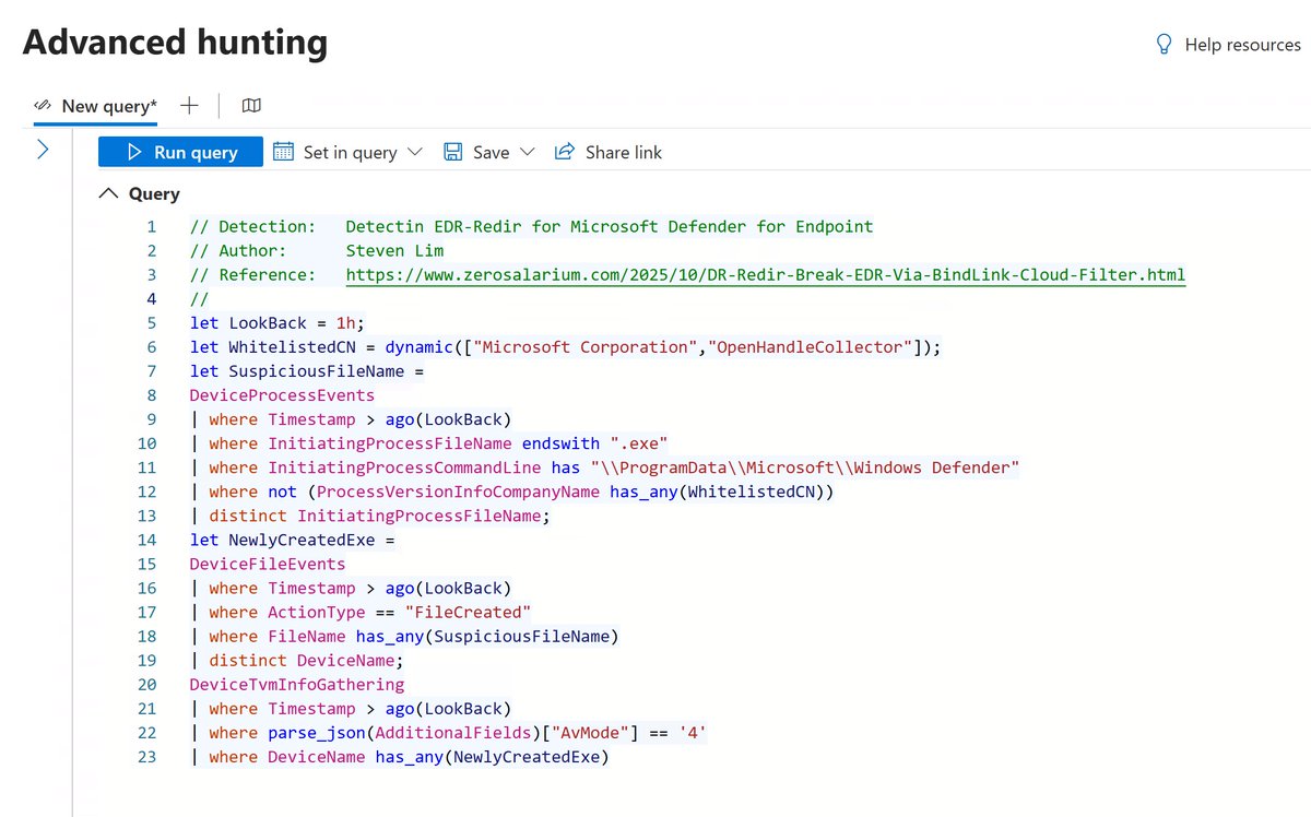 0x534c's tweet image. 🛡️🔗 EDR-Redir: Breaking EDR with BindLink & Cloud Filter and how I detect it for MDE
A new technique dubbed EDR-Redir from Zero Salarium shows how attackers can hijack or disable EDRs like Defender, Elastic, and Sophos by abusing Windows 11’s Bind Filter and Cloud Filter…