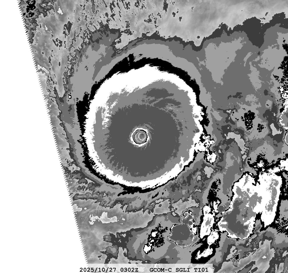 zeb199818's tweet photo. #13L Hurricane #MELISSA
Satellite: #GCOMC #SGLI
Channel : T1 (10.8 µm) 250-m
Time : 2025/10/27 0302Z
Eye Temp : 22.20 °C
Data Source : JAXA G-Portal L1B
CPA : ~520 km https://t.co/M6KgIpP8mp