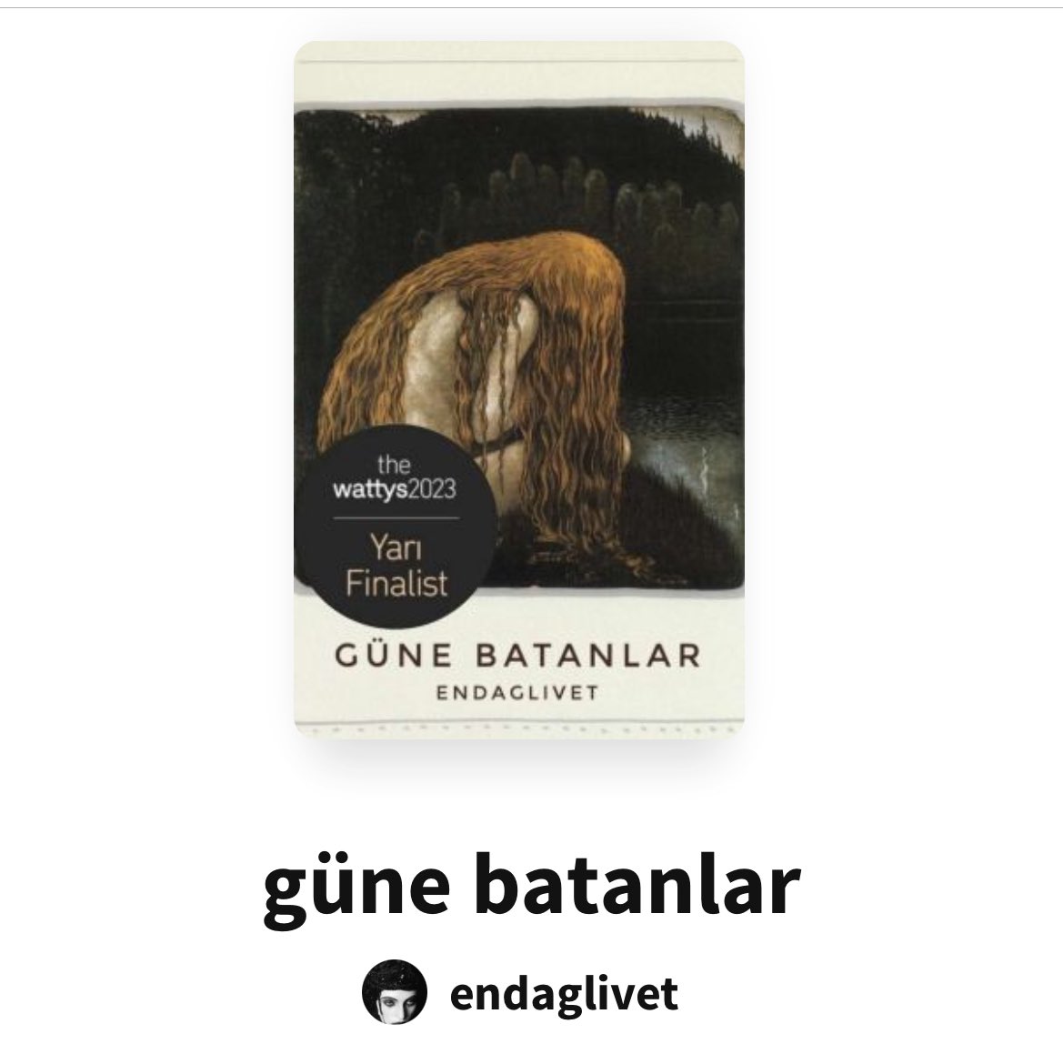 Kitabın yazarıyla tanışıklığımız yok ve kitabı okumadım ancak şu isim… Güne Batanlar. Kapağı, duruşu, estetiği, ismi, cismi, kendisi uzuuun zaman sonra hoşuma giden en iyi Watty kitabı. İçimde kalacağına burada kalsın. Maşallah ya ❤️‍🔥