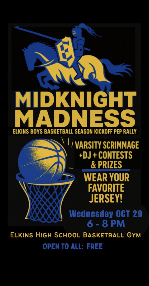 Jonathan Hamilton (@coachjhamilton1) on Twitter photo Mark your calendars 🗓️ folks! MidKnight Madness is on Wednesday October 29th from 6-8 pm. Come support Elkins Boys’ Basketball 🏀 by attending our Opening Day varsity pep rally and scrimmage. Free to all! See you there‼️ <a href="/EHS_Knightswire/">Elkins High School</a> <a href="/ElkinsHoops/">Elkins Basketball</a> Mark your calendars 🗓️ folks! MidKnight Madness is on Wednesday October 29th from 6-8 pm. Come support Elkins Boys’ Basketball 🏀 by attending our Opening Day varsity pep rally and scrimmage. Free to all! See you there‼️ <a href="/EHS_Knightswire/">Elkins High School</a> <a href="/ElkinsHoops/">Elkins Basketball</a>
