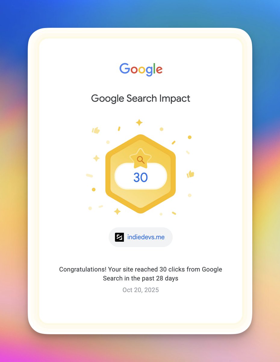 I started getting my first traffic on Google for <a href="/IndieDevsApp/">IndieDevs</a>! ⭐

It's not much, but it's certainly a start!

I already have some plans to improve SEO for the website, and also for all the users 👀

Do you have any suggestion on how to improve ranking on Google?