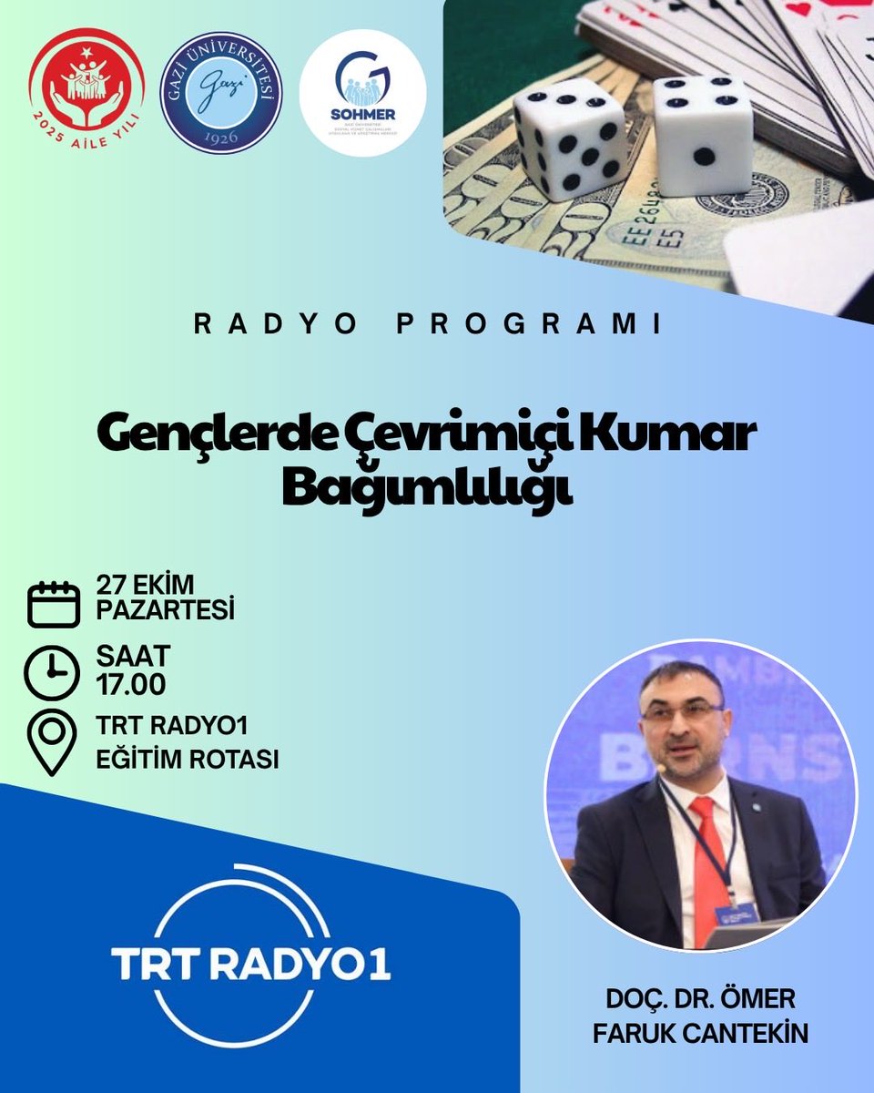 Gazi Üniversitesi Sosyal Hizmet Çalışmaları Uygulama ve Araştırma Merkezi Müdürümüz Doç. Dr. Ömer Faruk CANTEKİN'in katılımlarıyla " Gençlerde Çevrimiçi Kumar Bağımlılığı" adlı radyo programı, 27 Ekim Pazartesi günü saat 17.00' de TRT Radyo Eğitim Rotası programında yayınlanacak.