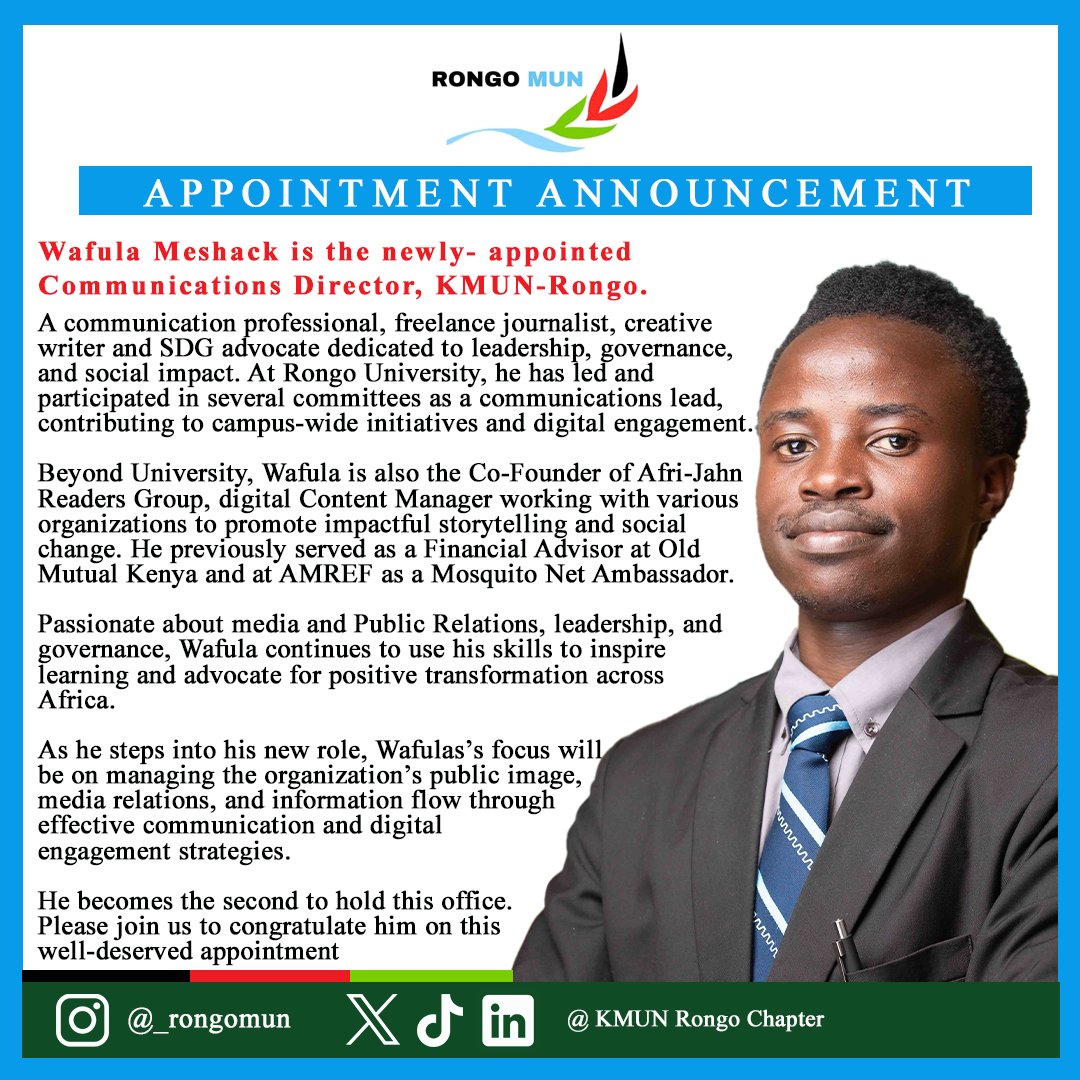 Meshack5Wafula's tweet photo. I’m delighted to announce my appointment as the Communications Director of the Kenya Model United Nations– Rongo University Chapter.

This role marks an exciting opportunity to lead conversations, shape narratives, and amplify the voices of young diplomats and changemakers. https://t.co/Zzq3wNzaGC