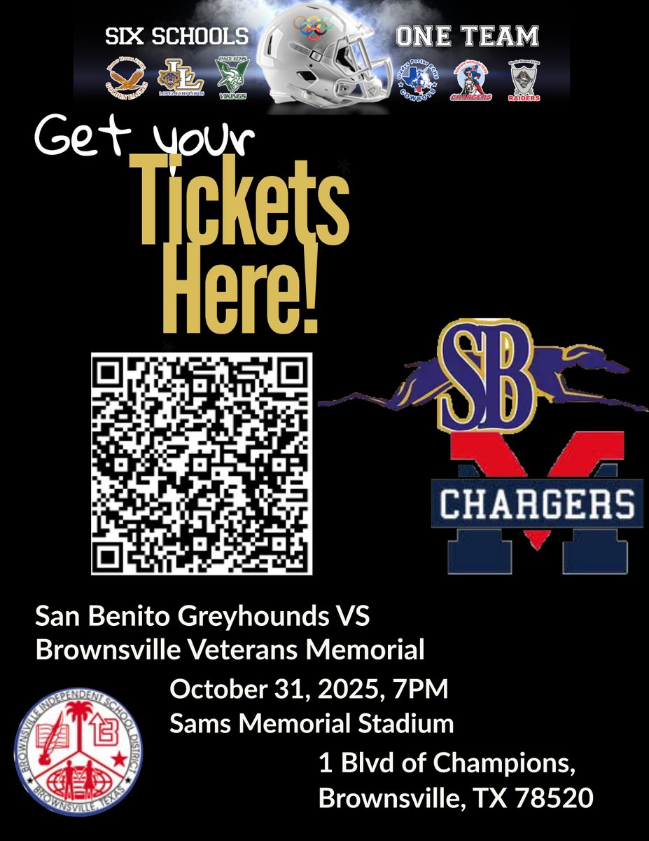 🎃 Halloween Showdown Under the Lights! 🏈
Get ready for a thrilling matchup:
 San Benito Greyhounds 🐾 vs. Brownsville Veterans Memorial Chargers ⚡
📅 October 31, 2025
🕖 7 PM
📍 Sams Memorial Stadium
1 Blvd of Champions, Brownsville, TX
#FridayNightLights #HalloweenGame #956