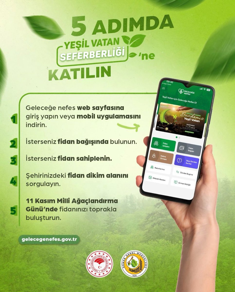 🌱 Yeşil Vatan Seferberliği Başladı!

Hepimiz ormanı, doğayı seviyoruz ama kaçımız bir fidan diktik?
Bugün, geleceğe nefes olma zamanı!

#YeşilVatanSeferberliği kapsamında bir fidan sahiplen, 11 Kasım Millî Ağaçlandırma Günü’nde toprağa umut ek.
Yeşil Vatan seni bekliyor. 🌳

👉
