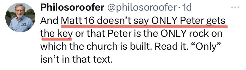 Matt 16 DOES say ONLY Peter gets the keys: “I will give unto YOU [Greek ‘σοι’ = SINGULAR = Peter ALONE] the keys of the kingdom...”, referring back to Isaiah 22:15, 21-22, which ALSO refers to a SINGLE individual—the ONE steward.

And the “keys” AREN’T MENTIONED ONCE in Matt 18.