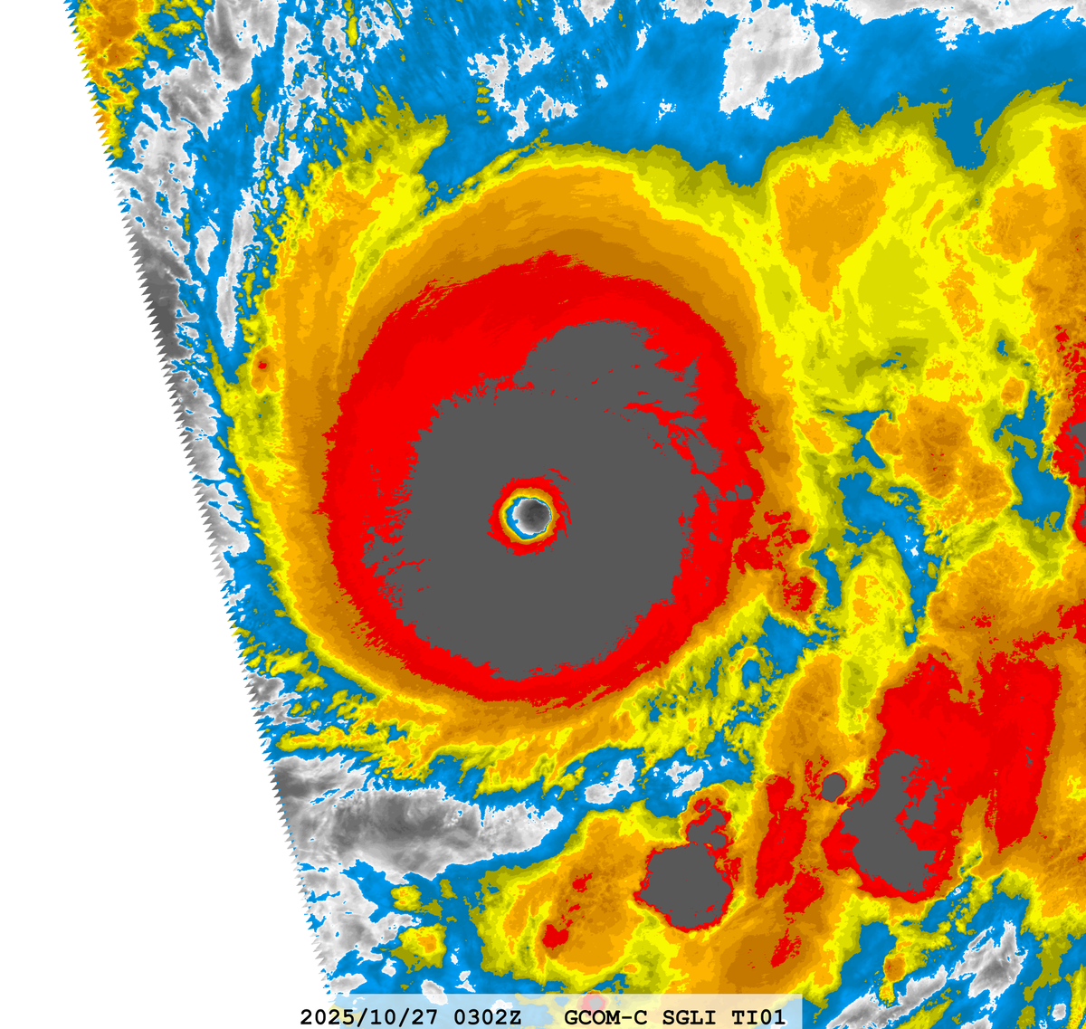 zeb199818's tweet photo. #13L Hurricane #MELISSA
Satellite: #GCOMC #SGLI
Channel : T1 (10.8 µm) 250-m
Time : 2025/10/27 0302Z
Eye Temp : 22.20 °C
Data Source : JAXA G-Portal L1B
CPA : ~520 km https://t.co/NQH8vmjAD2