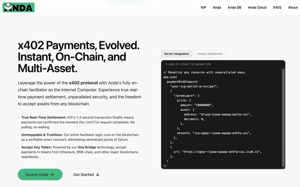 ICPandaDAO's tweet image. Thrilled to announce the launch of the world's first fully on-chain x402 payment facilitator, now live on the Internet Computer! 🚀
Dapps can now seamlessly integrate instant, decentralized payments.
✅ Supported tokens:
$ICP
$ckUSDT
$ckUSDC
$PANDA
Start building the future of…