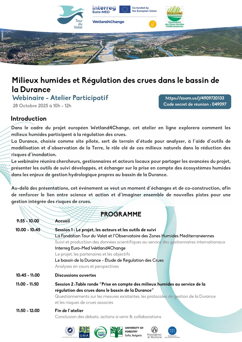 Wetland4Change meets in Camargue to discuss carbon-sequestration in Mediterranean wetlands.

28 Oct 2025 — 14:00–16:00 CET
<a href="/TourduValat/">Tour du valat</a>  (France)
More info: wetland4change.interreg-euro-med.eu/events/camargu…

#Wetland4Change #Wetlands #CarbonSequestration #ClimateAdaptation #InterregEuroMED