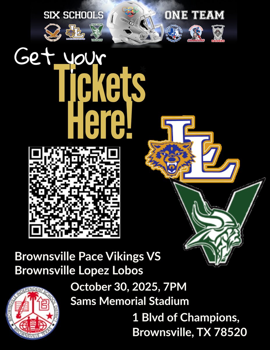 🏈 Thursday Night Lights in Brownsville!
Join us for an epic showdown:
 Brownsville Pace Vikings vs. Brownsville Lopez Lobos
📅 October 30, 2025
🕖 7 PM
📍 Sams Memorial Stadium
1 Blvd of Champions, Brownsville, TX
🎟️ Grab your tickets now
Six schools, one team.
#SamsStadium