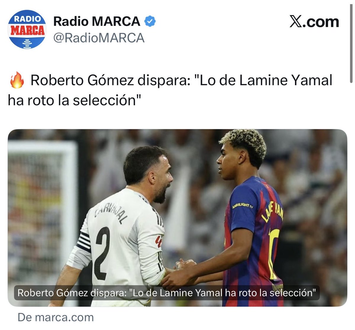HoyEnDeportes4's tweet image. Pero como puede ser que Lamine Yamal haya roto la Selección Española por culpa del pique con Carvajal en el Clásico, si como mucho sólo van 2 jugadores del Madrid con la Selección, y uno de ellos ha nacido en Holanda. JAJAJAJAJAJAJA