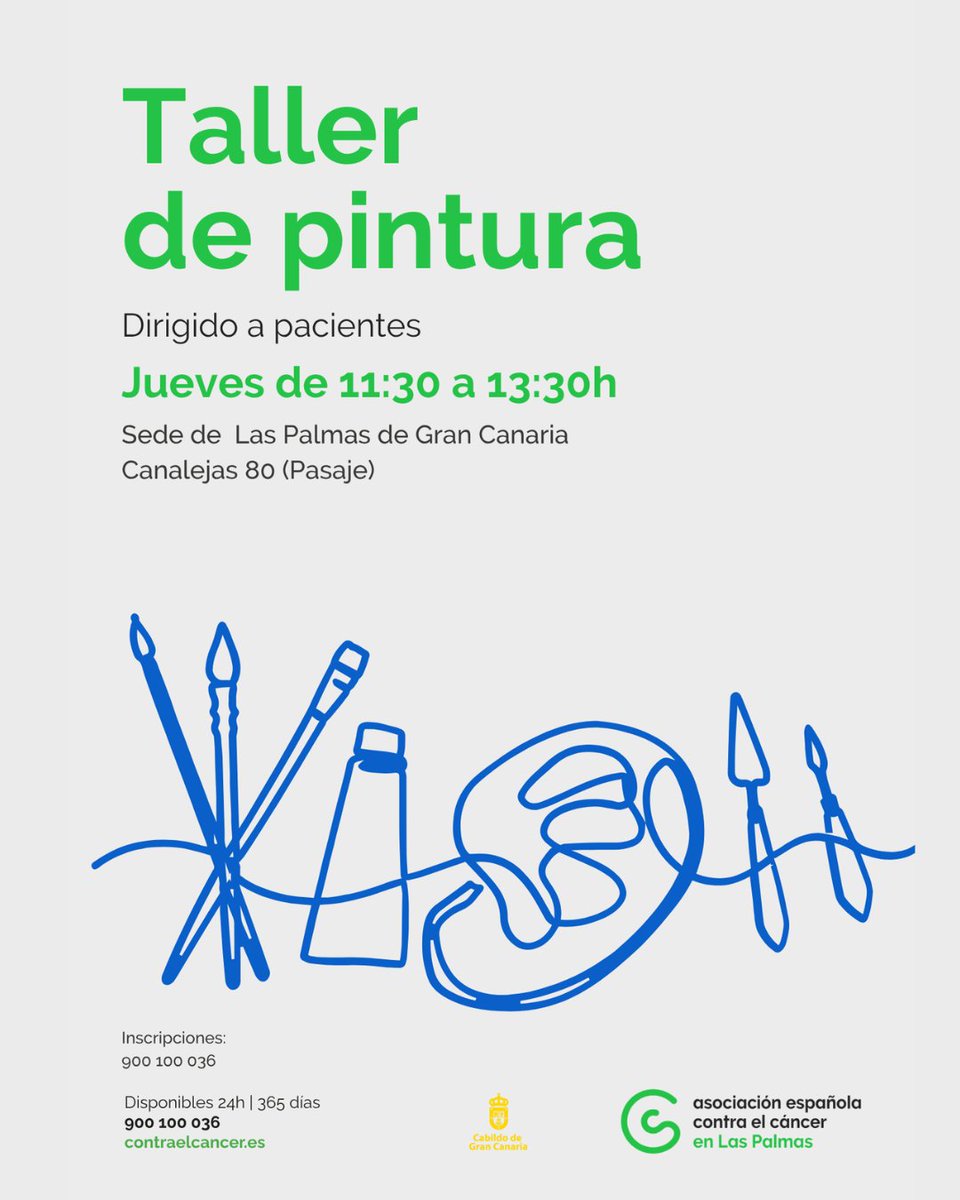 🎨 Taller de Pintura
➡ Todos los jueves | 🕦 De 11:30 a 13:30 h
Una iniciativa de la <a href="/ContraCancerLPA/">Asociación Española Contra el Cáncer Las Palmas</a> , dirigida a pacientes de la Asociación. Este proyecto cuenta con la colaboración del <a href="/GranCanariaCab/">Cabildo Gran Canaria</a> 
📞 Si estás interesado/a, puedes inscribirte llamando al 900 100 036.