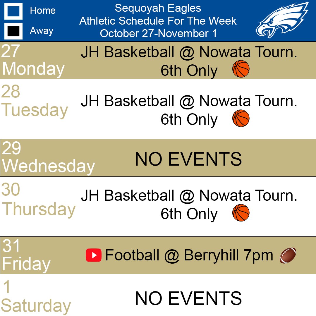 It's time to mark the calendar!!

Check out the graphic below to see all the Eagles Athletic events going on this week.

#comesoarwithus #sequoyaheagles