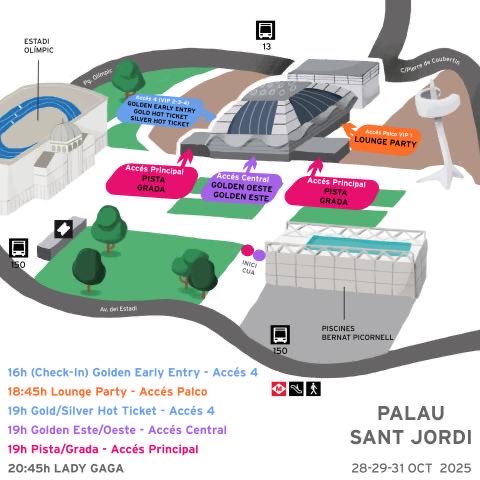 LadyGagaES's tweet photo. Se ha desvelado el mapa de acceso y los horarios de entrada de cada entrada para los próximos conciertos del 28, 29 y 31 del MAYHEM Ball en el Palau Sant Jordi en Barcelona. https://t.co/KloK0dwJcv