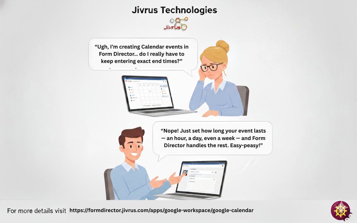 jivrus's tweet image. With Form Director, just set how long your event lasts — an hour, a day, or even a week — and let automation handle the rest.

Read more @ zurl.co/0QDWM 

#JivrusTechnologies #FormDirector #GoogleCalendar #Productivity #Automation