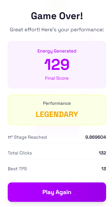 My best score on Pi Squared Game <a href="/pisquared/"></a> 
Get your highest score on Pi Squared and earn 50 energy points
portal.pi2.network/quests