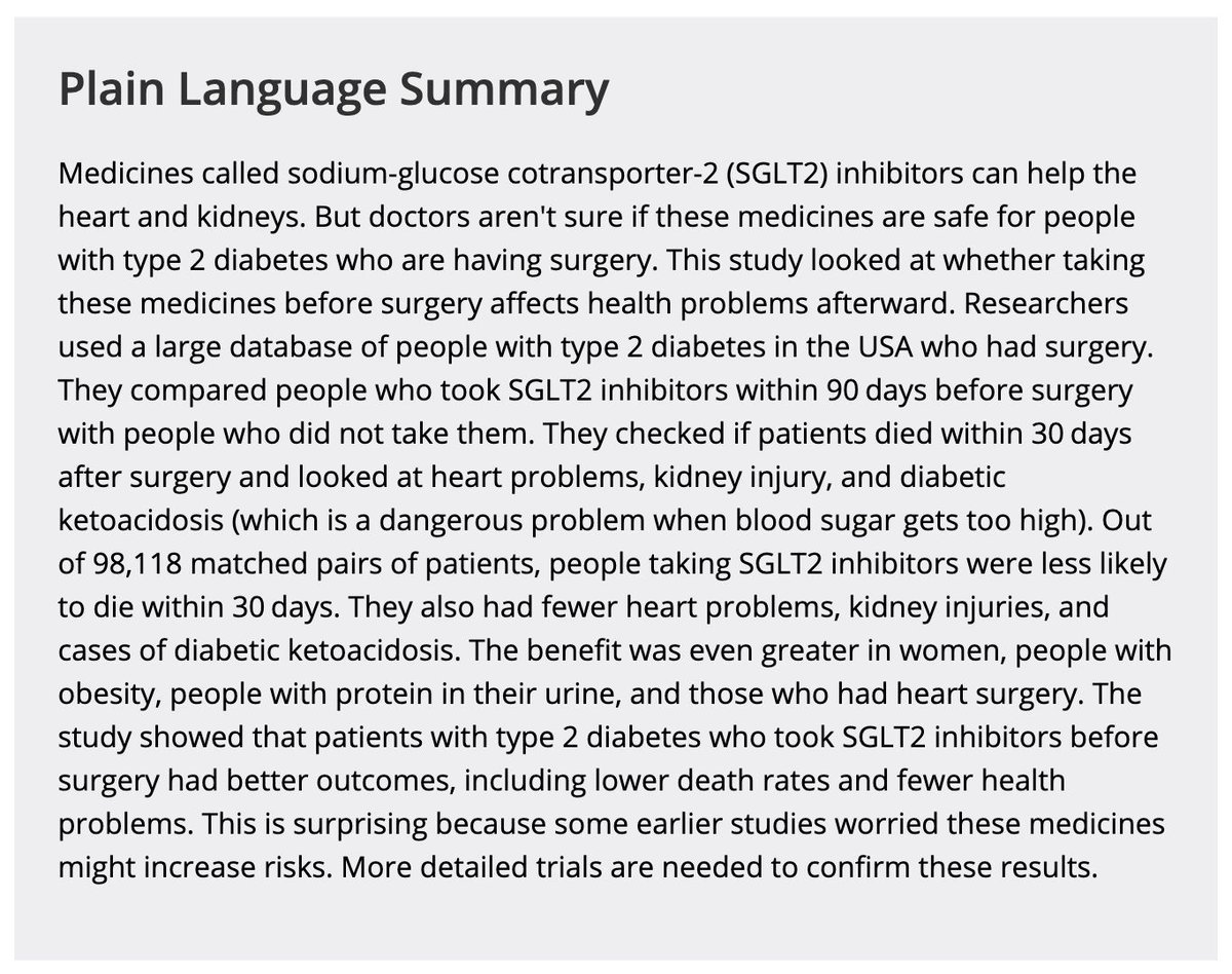 Anaes_Journal's tweet photo. People taking SGLT2 inhibitors:
• were less likely to die w/i 30 days
• had fewer heart problems, kidney injuries and cases of diabetic ketoacidosis

Benefits greater in:
• women
• people with obesity
• people with protein in their urine
• heart surgery. 

#anaesthesia #MedTwitter

 https://t.co/ls7Sgeq7kX