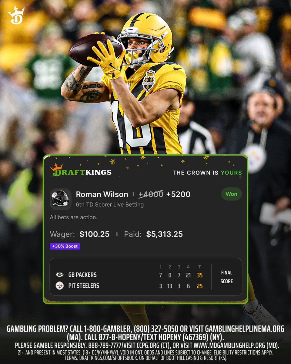 DKSports's tweet photo. LIVE betting Roman Wilson to score the 6th TD of Sunday Night Football is an unreal win 🔥

#TheCrownIsYours, @NicM3031 👑 https://t.co/ngM60ebN4V