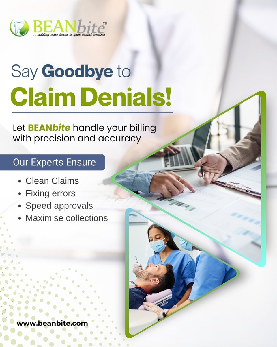 BEANbite's tweet image. Say goodbye to claim denials!🚫✅Let BEANbite handle your billing with precision and accuracy. Our experts ensure✨clean claims,🧾error-free submissions,⚡faster approvals &amp;amp;💰maximized collections!📞(424) 262 9055🌐beanbite.com #dentalbilling #claimdenials #cleanclaims