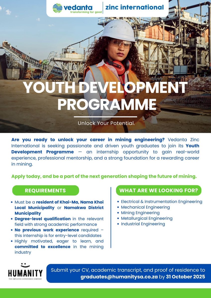 ZincVedanta's tweet photo. VZI is seeking passionate and driven youth graduates to join our Youth Development Programme - an internship opportunity to gain real-world experience, professional mentorship, and a strong foundation for a rewarding career in mining. 💫 https://t.co/31PpT4yk0m
