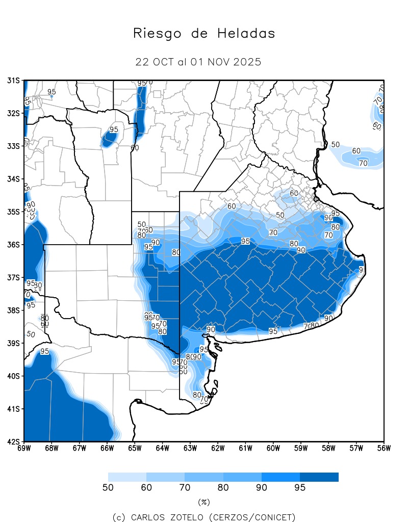 🌡️❄️Riesgo de heladas medio/alto en el sur bonaerense y este pampeano. 
Los trigos y cebadas que se encuentran entre floración (etapa crítica) y llenado son los más susceptibles, sin embargo la alta humedad ambiental podría moderar el daño térmico.
