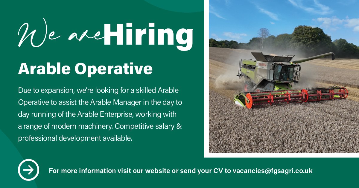 FGS Agri is hiring ! 🚜 Due to expansion, an exciting opportunity has arisen within our Arable enterprise for a skilled Arable Operative.

Working with modern machinery alongside a hardworking &amp; professional team.

Read more :
ow.ly/5pY350VWijx

#WeAreHiring #JoinOurTeam