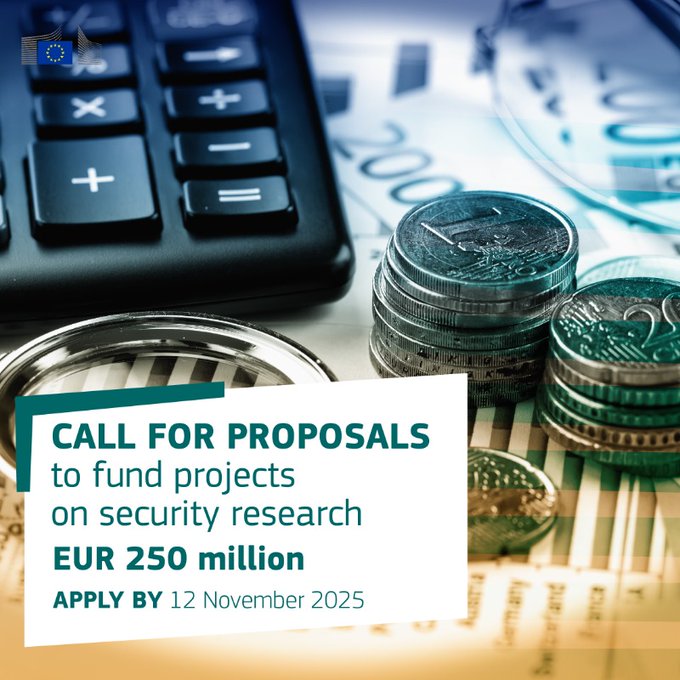 EUHomeAffairs's tweet photo. 📣Don't miss the opportunity!
@EU_Commission will provide EUR 250 million to fund projects on:
• Fighting Crime & Terrorism
• Border Management
• Resilient Infrastructure
• #EUSecurityResearch & Innovation
• Cybersecurity
Apply by 12 Nov: https://t.co/IBPeyP1Yv4 https://t.co/GB0o9HzlSb