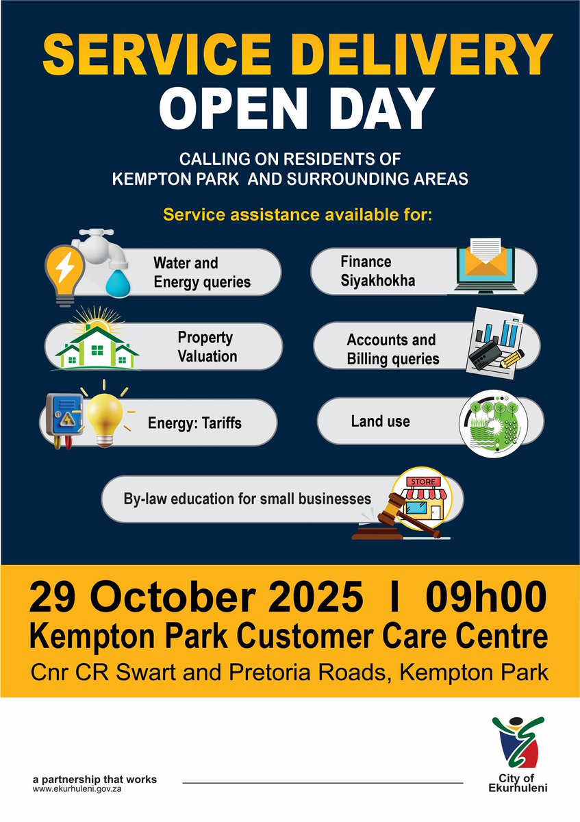 City_Ekurhuleni's tweet photo. 👋🏽 #KemptonPark don't miss the #ServiceDeliveryOpenDay in your area on Wesnesday!
Our teams will be at your service to assist with your queries and questions.
🗓Wednesday, 29 October 2025
🕘09h00
📍Kempton Park CCC
#CoEWorks https://t.co/dJVxCPxa1g