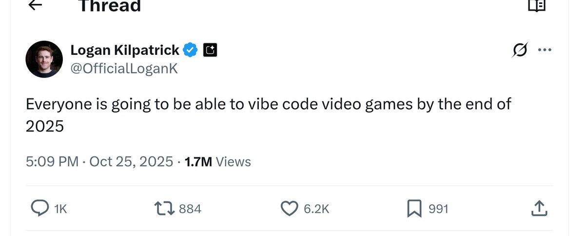 ThePrimeagen's tweet image. midway into 30 months into 6 months from AI taking your job 
* 1 month into 3 month prediction into everyone becoming a game dev via vibe coding