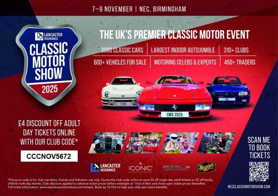 There's still time to buy your tickets for the NEC Classic Motor Show.  Don't forget to use our unique discount code (see image).  See you there!