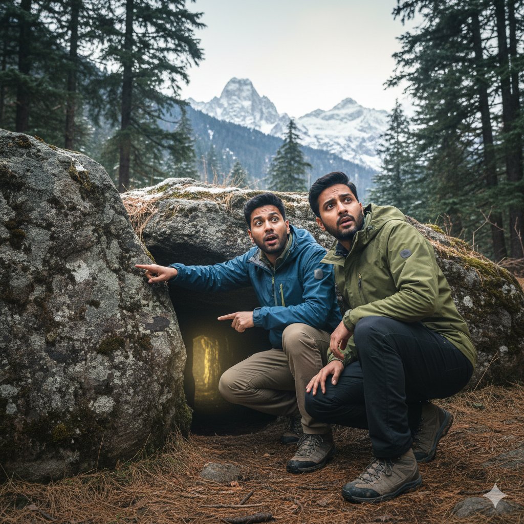 JigyasuWrites's tweet photo. ⏳ The Hidden Tunnel (Part–1)
✍️ — Jigyasu
Ajay and Rohan, both software engineers working in the same IT company, had joined a weekend trekking expedition in the Chamoli district of Uttarakhand. The path was surrounded by snow-capped mountains, tall deodar trees, and the silence of nature—broken only by the crunch of dry leaves under their shoes. But somewhere along the trail, they got separated from the rest of the group and lost their way.
Tired and confused, they decided to take a break near a massive stone boulder on the hillside. Ajay sat down and opened his water bottle when something caught his eye—a dark opening behind the stone. It looked like a cave, wide enough for a person to crawl through.
“Rohan, look at this!” Ajay whispered, excitement replacing his fatigue.
They crouched and peeped inside. A faint light shimmered from deep within—as if the tunnel led somewhere unknown. Believing it was a short passage that might open up on the other side of the mountain—and thinking it would be fun—they decided to explore it.
They stepped in carefully. Surprisingly, the tunnel was not long at all. Within a few steps, they emerged on the other side. From where they stood, they could clearly see the same big stone where they had been resting.
“Strange… that was quick,” Rohan said, frowning.
Everything looked just the same—the cold breeze, the slope, and the view of the distant valley. Laughing it off, they assumed it was a small natural cave and nothing more.
Ajay took out his phone to call the rest of the group so they could rejoin the trek. No network. He moved around, climbed a rock, raised his phone toward the sky—still no signal.
“Let’s go back to the base camp. The tour operator’s office must be nearby,” Rohan said.
But the moment they reached the base, their hearts thumped loudly.
The tour operator’s office was gone.
In its place was just barren land with scattered stones. The paved road was now a muddy trail, rough and uneven. Bewildered, they walked towards the nearby town—but that, too, had changed.
Where there had once been concrete houses, hotels, and shops, now stood rows of mud huts with thatched roofs. No cars. No electric poles. No modern buildings. People wearing traditional clothes walked by, carrying firewood and clay pots.
Ajay and Rohan exchanged a terrified glance.
“Where are we?” Ajay whispered.
They walked cautiously into what seemed like the village center. A young woman was sitting beside a wooden stall, selling earthen pots.
“Madam,” Ajay said nervously, “Is this place Joshimath? And this is still Chamoli district, right?”
The woman looked at them with a curious smile.
“This is Jyoti Math, not Joshimath. And what is Chamoli? But… why are you both dressed so strangely? Are you actors from a natya manch(theatre group)?”
Ajay and Rohan stood speechless. Their trekking shoes, jeans, and jackets suddenly felt like costumes from another world.

#TimeTravelStory #MysteryAdventure #FictionWriting
 #SciFiFantasy #ShortStory #JigyasuWrites
The story continues in another part.... stay tuned.
