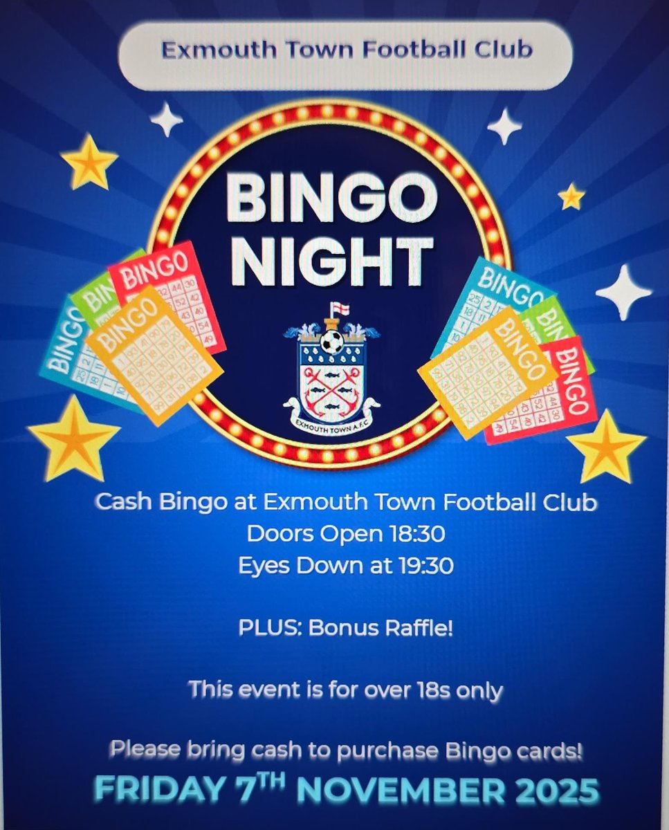ExmouthTown_FC's tweet image. 𝗕𝗜𝗡𝗚𝗢 𝗔𝗧 𝗘𝗧𝗙𝗖 🎟️

On Friday November 7th, it is Bingo Night at Exmouth Town!

Doors open at 6:30pm, with the event starting at 7:30pm, come down and win some great prizes  💵

This event is over 18s only 🔞

#UTT | @Search4Local