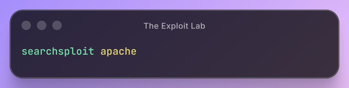 TheExploitLab's tweet image. Got a service? Time to find an exploit! 💥 searchsploit apache quickly searches the local Exploit-DB database for all known vulnerabilities and public exploit code related to Apache. Your offline go-to for 'sploit hunting.
#searchsploit #exploitdb #pentesting #Vulnerability