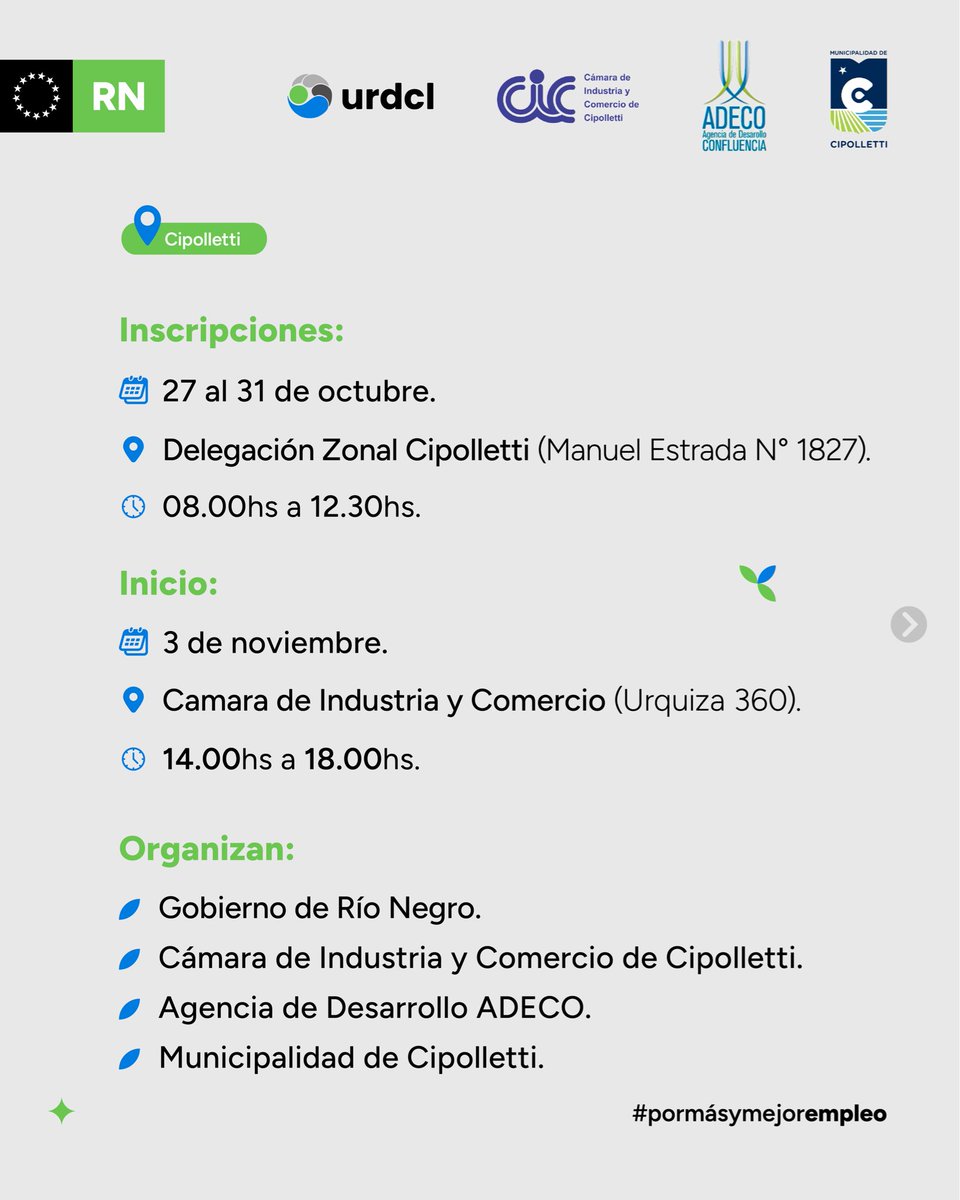 🔪 Nueva capacitación en Cipolletti
Formación en Procesamiento y Gestión de Carnicería para potenciar el empleo local.

📅 Inscripciones: 27 al 31 de octubre
📍 Delegación Zonal (Manuel Estrada 1827)
🕗 08.00 a 12.30 hs
📆 Inicio: 3 de noviembre
📍 Urquiza 360