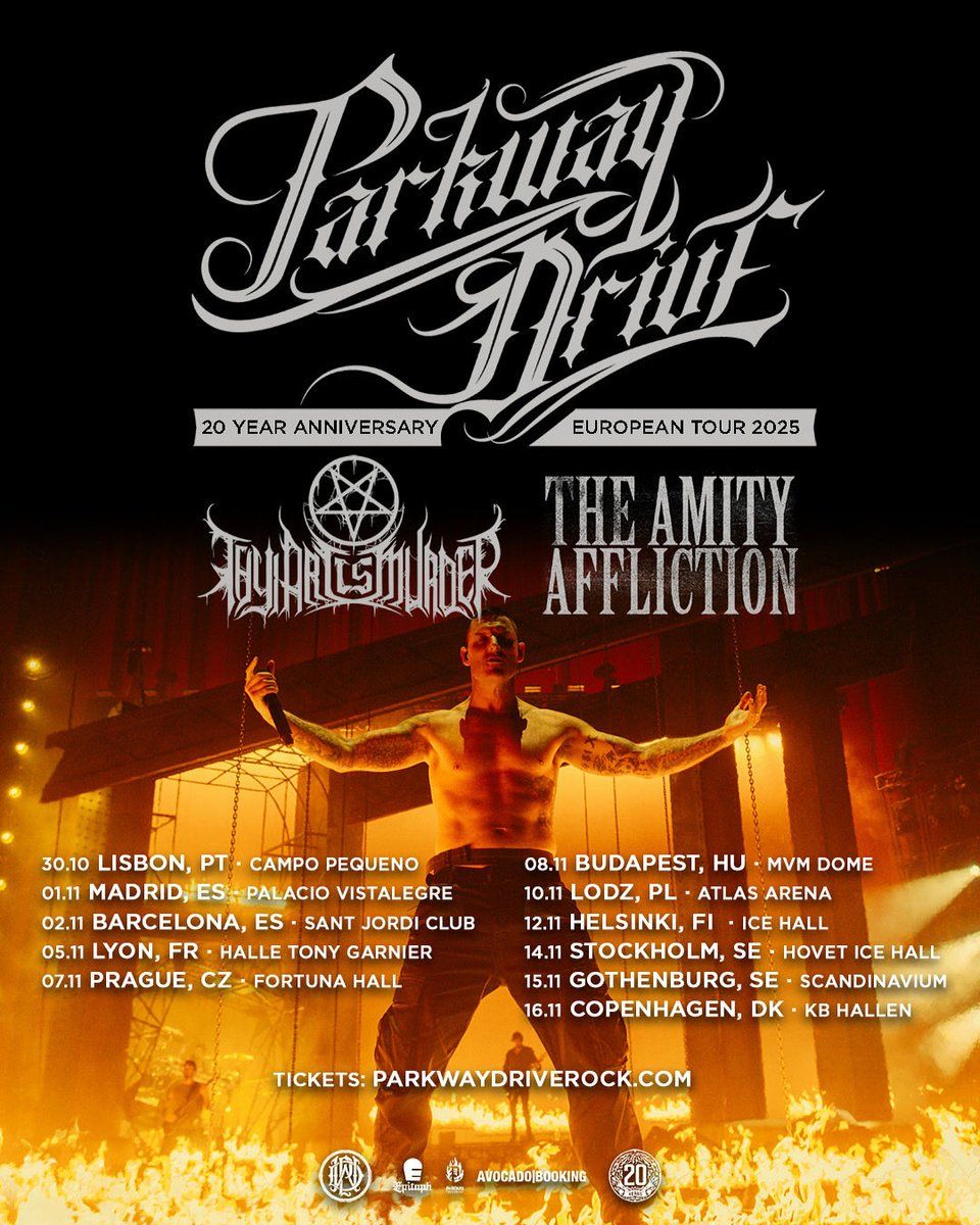 parkwayofficial's tweet photo. See you soon, Europe! Leg 2 of our European 20 Year Anniversary tour kicks off again in Lisbon. What show will we see you at? 👇 Tickets available via our bio or https://t.co/z55tzR1Z1P https://t.co/Qy6ZOwnTgA