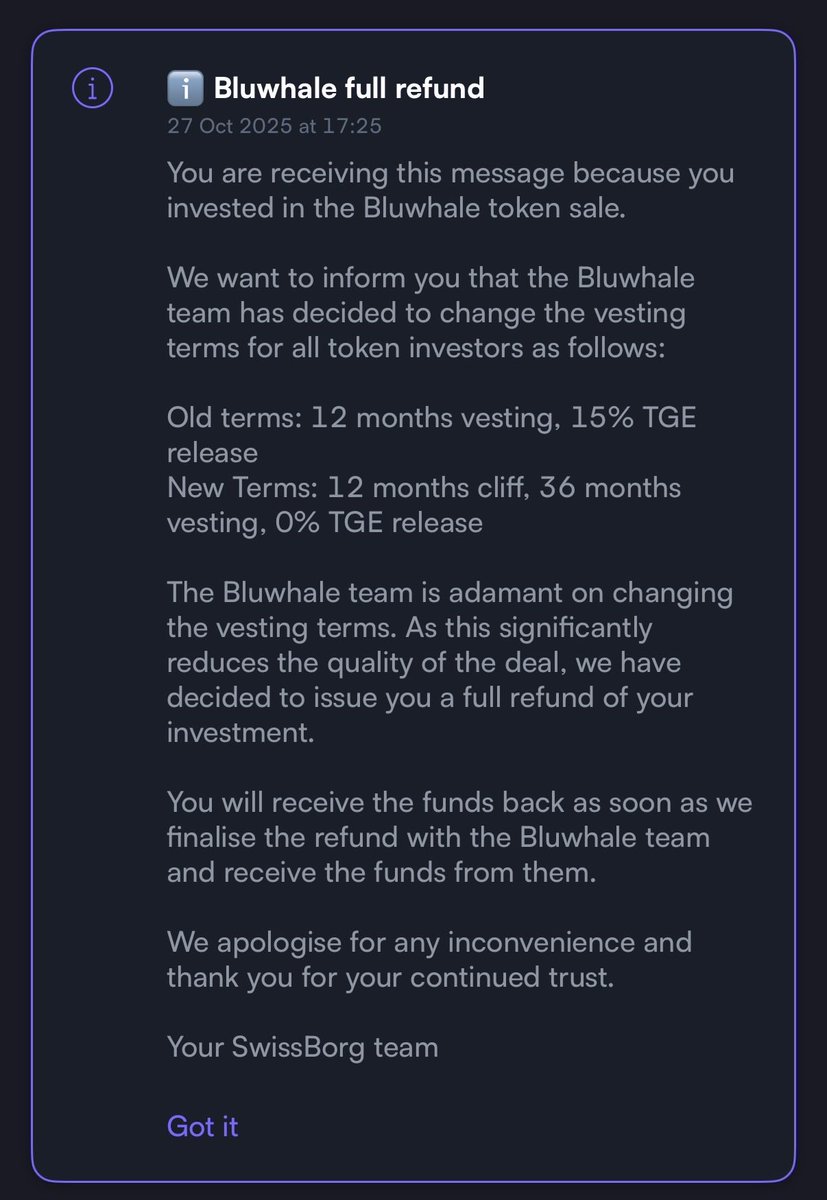 CryptoGlasgow1's tweet image. Blatant scam &amp;amp; breach here by @bluwhaleai $BLUAI 🚨 

The new terms delay your first tokens by a full year, remove your initial 15% release, and stretch your unlocks to 4 YEARS total (versus 12 months original terms) 😂

Utterly insane.  

I will now be shorting this scam - now i…