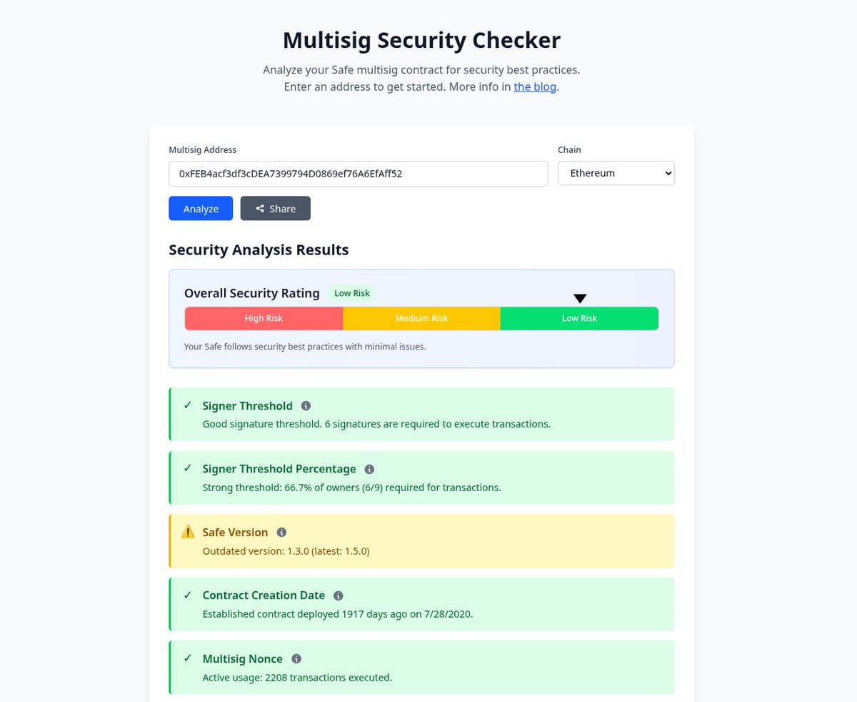 bl4ckb1rd71's tweet image. In honor of multisig security month, I'm happy to present a new tool that analyzes the security of a Safe multisig's configuration. 🛠️ 
Not every Safe is safe! Test it out on the example multisig addresses 👇