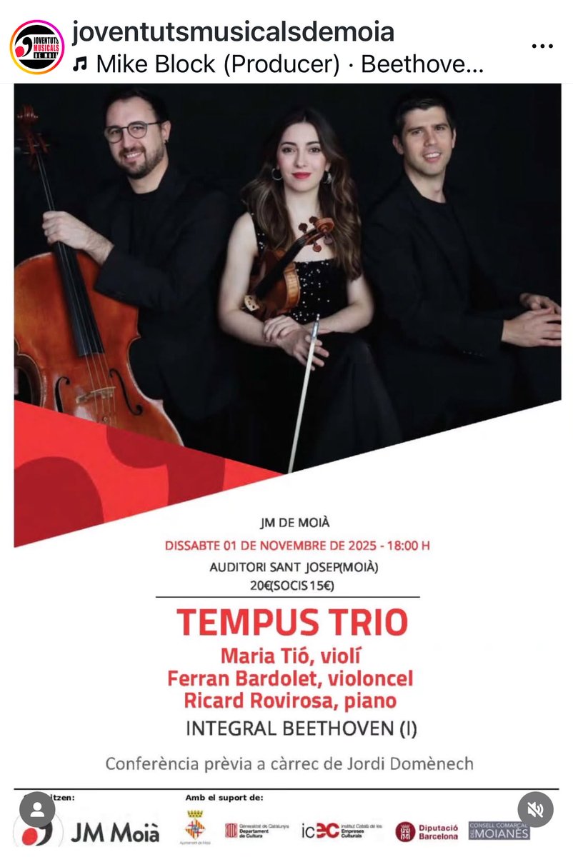 Aquest dissabte, Moià dona el tret de sortida a la integral dels trios de Beethoven amb el Tempus Trio!
Abans del concert, gaudiu d’una conferència prèvia de Jordi Domènech.
<a href="/dumesubi/">jordi domenech</a> <a href="/JMCatalunya/">Joventuts Musicals de Catalunya</a> <a href="/AjMoia/">Ajuntament de Moià</a> 🎻🎹🎶