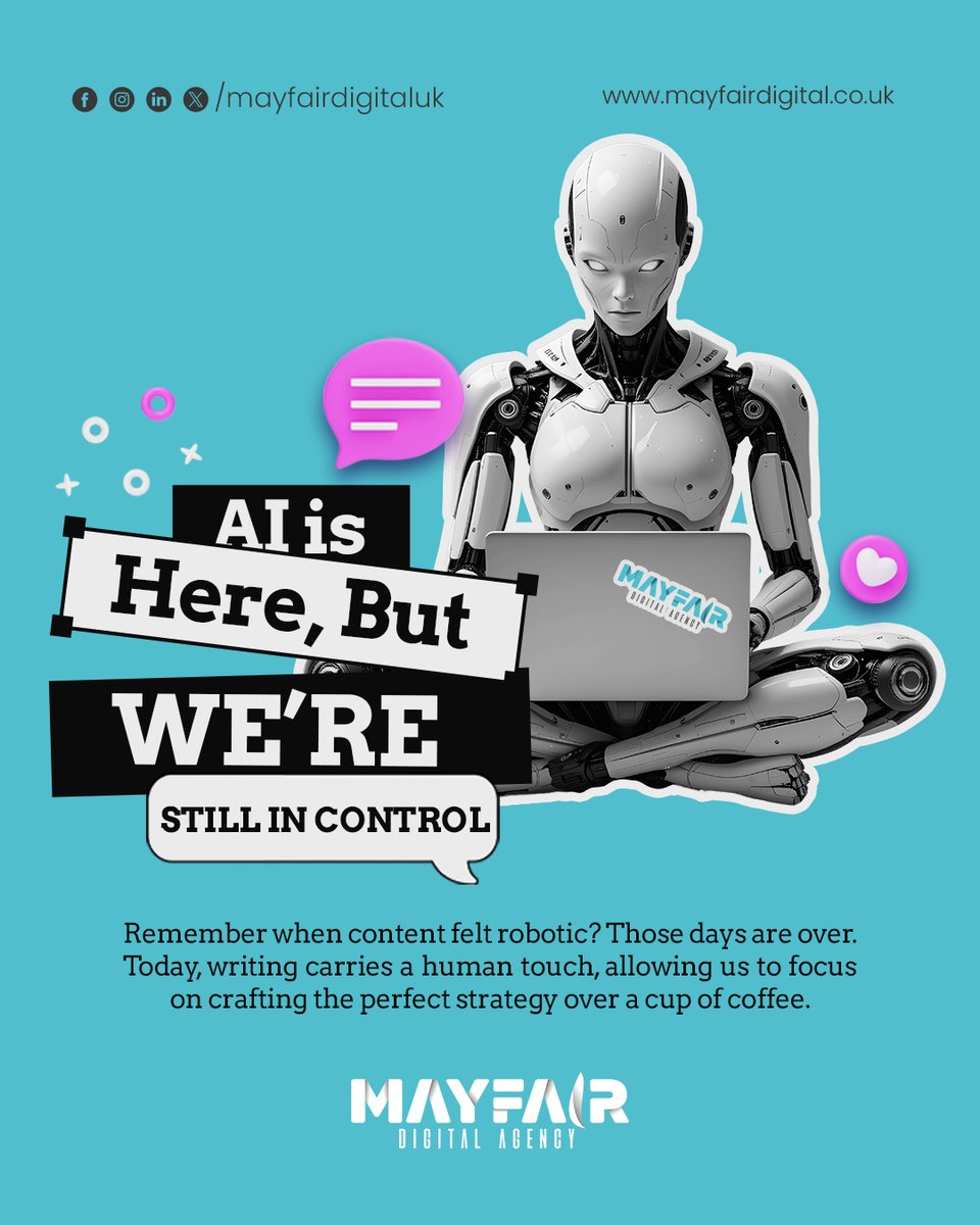 Mayfair_Digital's tweet photo. AI is here, but we’re still in control! 🤖✨ At Mayfair Digital, we combine the best of AI and human creativity to create content that resonates. It’s all about that perfect strategy over coffee. ☕️ #AI #ContentCreation #SocialMediaStrategy #MayfairDigital https://t.co/E1dcN3Ng4v