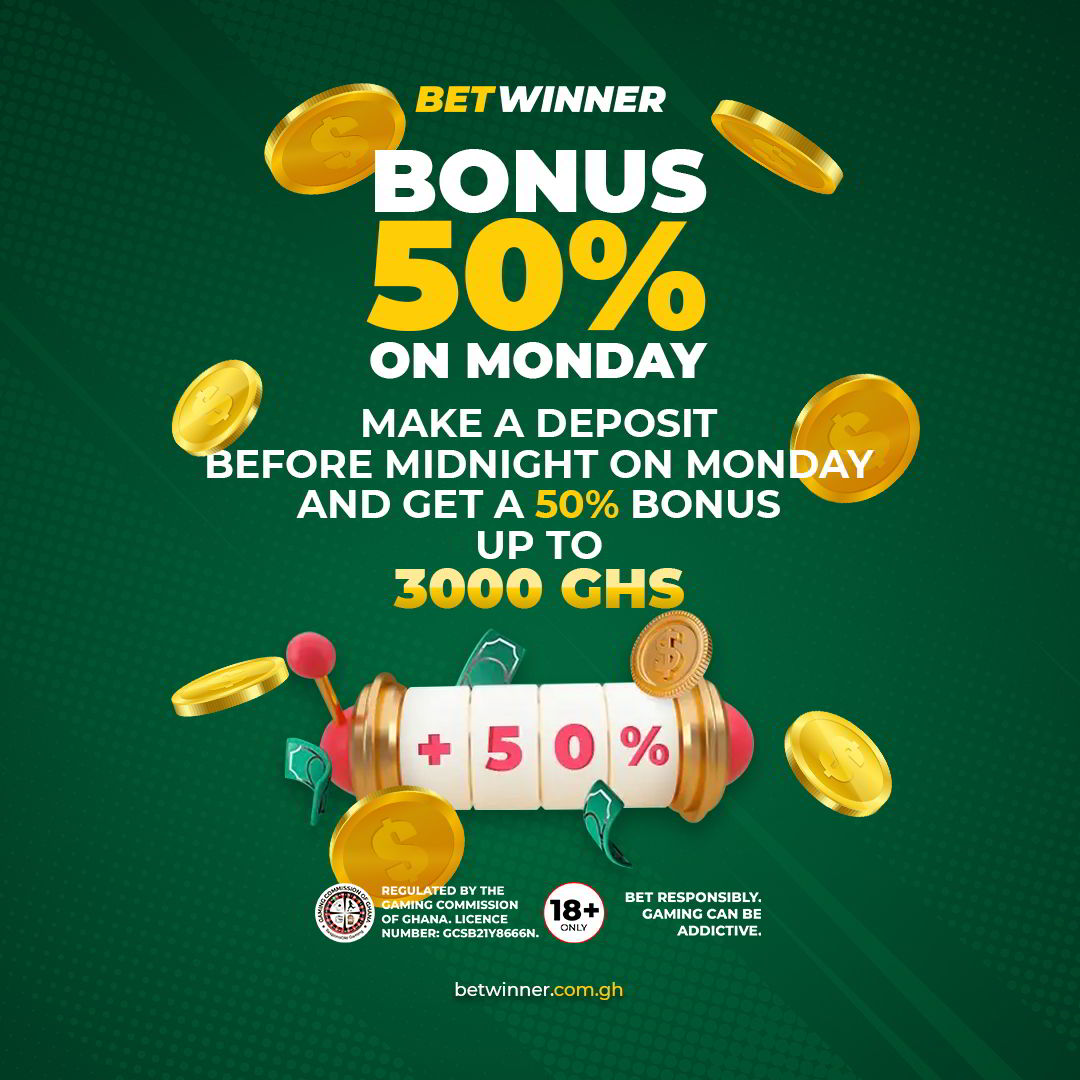 Get up to GHS3,000 before midnight.

Enjoy 50% bonus every Monday on your deposit at #betwinnerghana

Sign up and enjoy many more bonus offers betwinner.com.gh