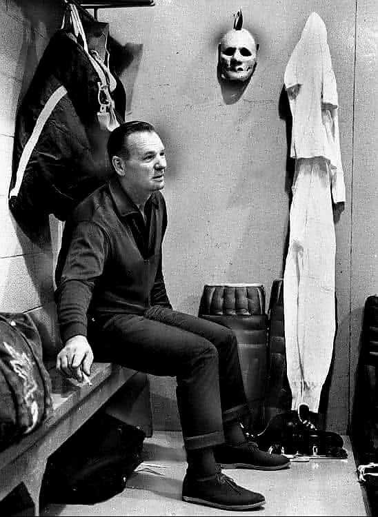 SayItIsSoJoe's tweet image. Johnny Bower in the #Leafs dressing room during 1968 training camp having a smoke. Have to say the mask hanging on the wall like that looks a little creepy. Great pic from photojournalist Boris Spremo. Toronto Star.  #LeafsForever #NHL