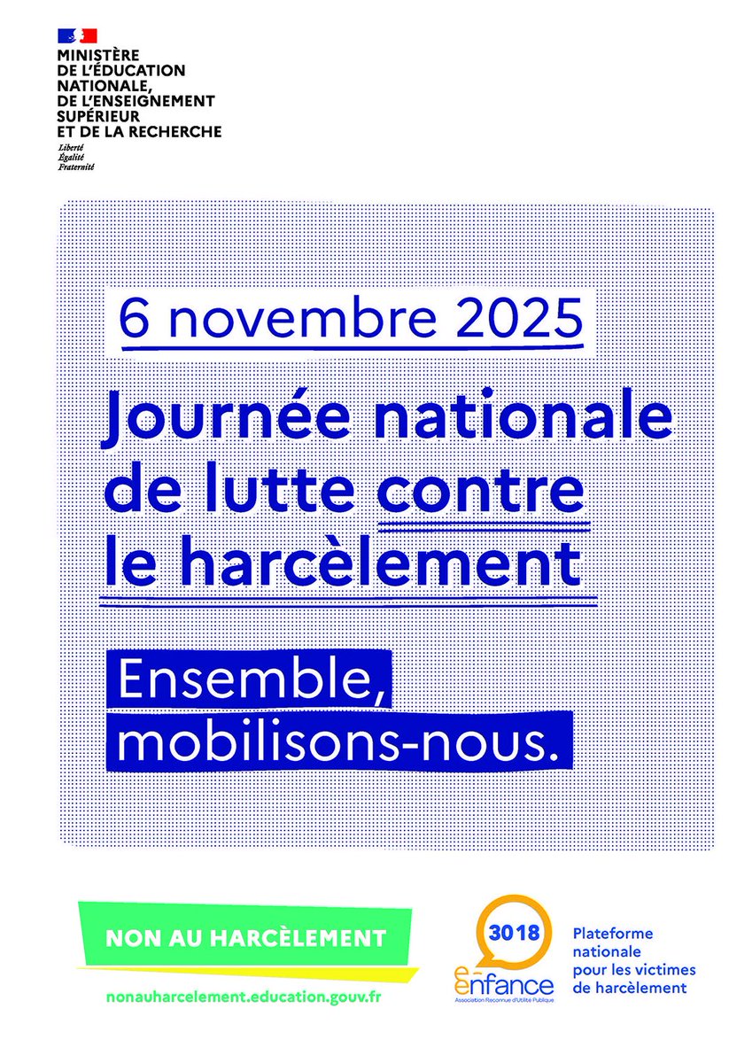 acclermont's tweet image. 6 novembre 2025
Journée nationale de lutte contre le harcèlement

Cette journée est l’occasion pour les communautés scolaires d’organiser diverses manifestations au sein des  établissements, ou plus largement à l’échelle locale.
Découvres le programme swll.to/RXBOuU
#NAH